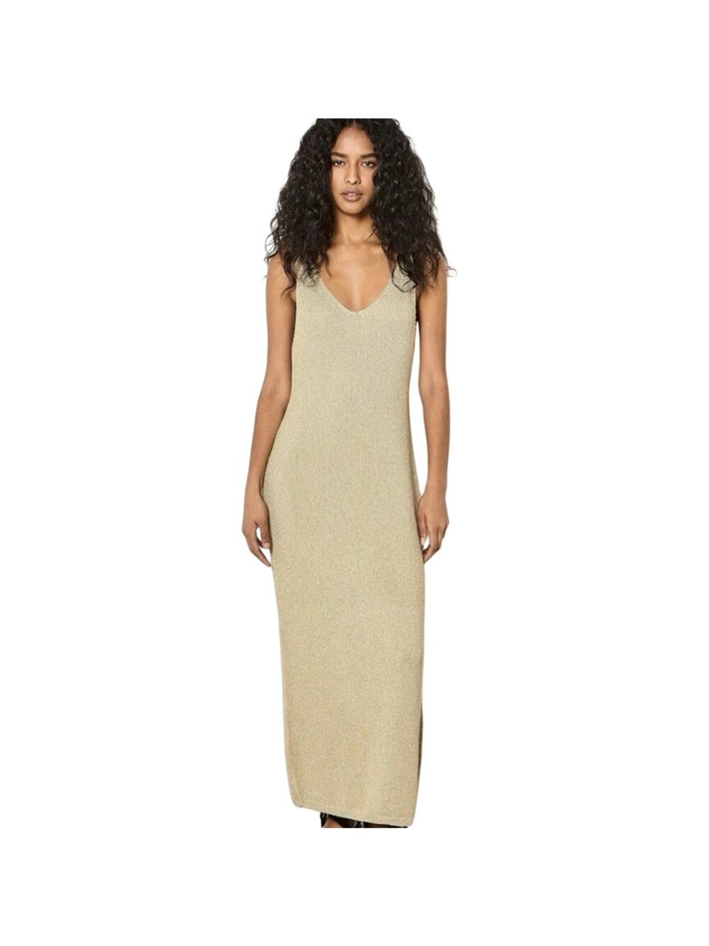 Knitted Maxi Dress Small Cashmere Blend Sleeveless Side Slit V-Neck Beach